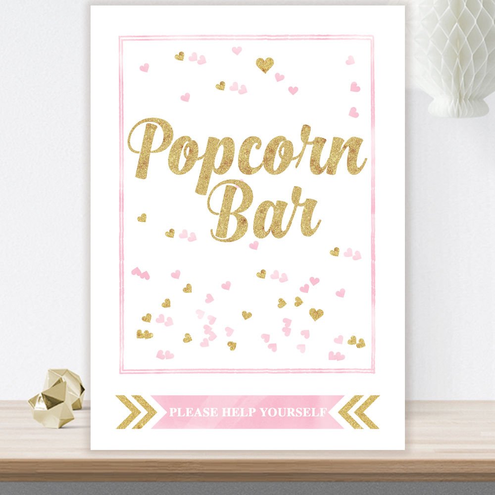 Glitzy Glam Popcorn Bar Table Sign Available in A Range of Colours with Glitter Effect (GL8) (Pink)