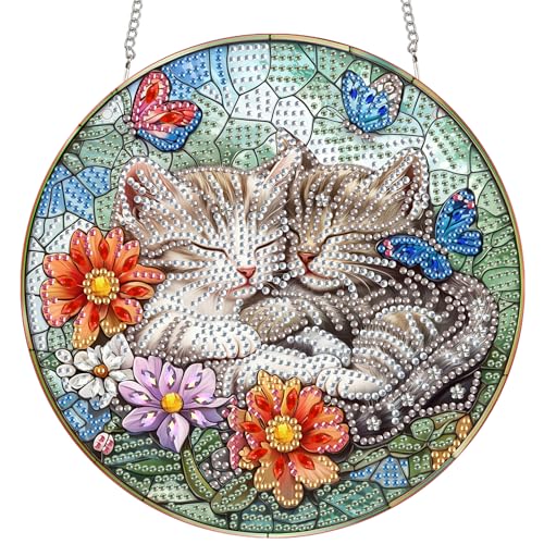 Bimkole ダイヤモンドアート 猫 ハンギングキット - 大人のための5Dダイヤモンドアートキット、DIY 花の動物 リスタルアートハンギングサイン、アクリルクリスタルアート吊り下げオーナメント - 壁掛け用、家庭・庭・玄関装飾用 20x20 cm