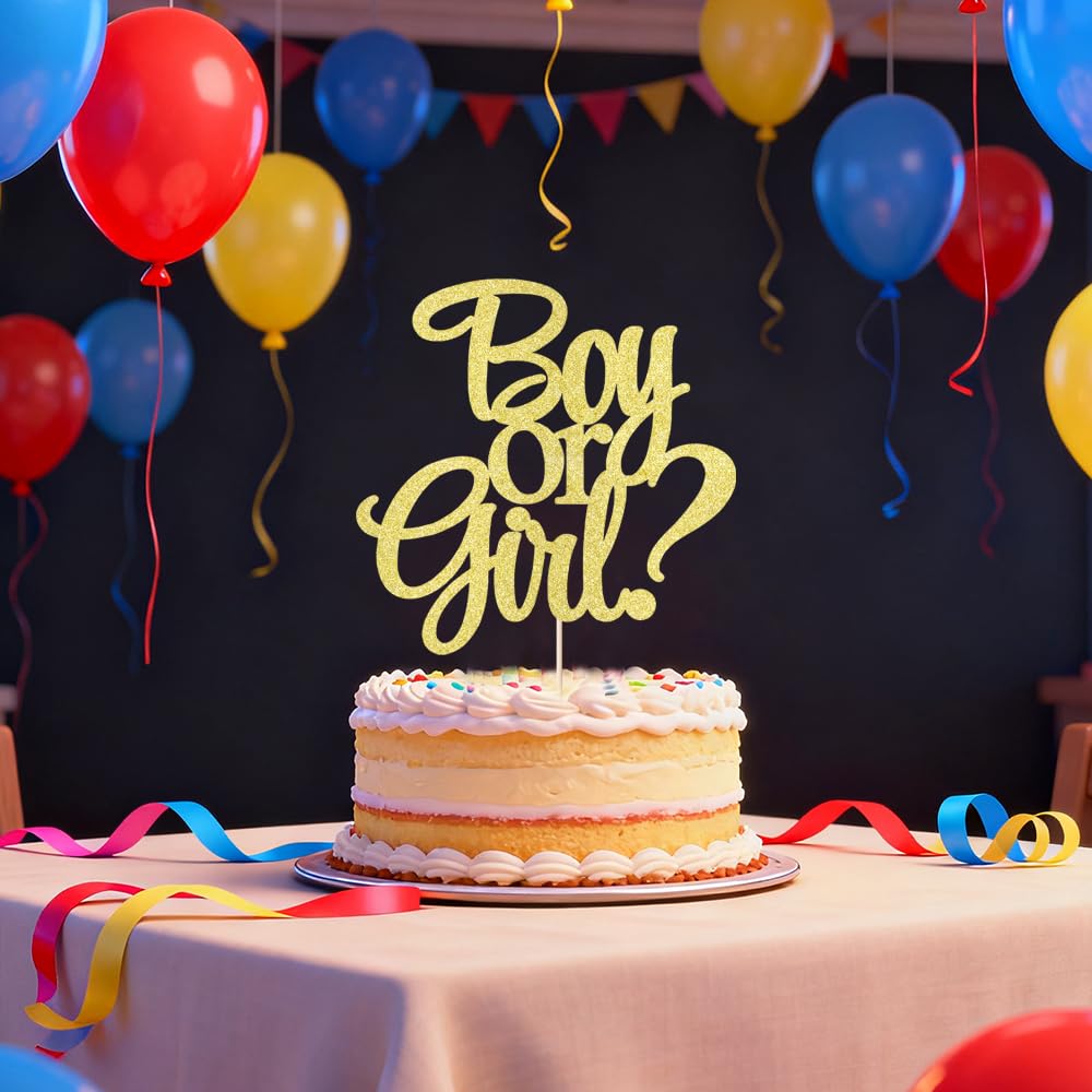 Boy or Girl Cake Topper - Glitter Baby Shower Party Decorations Supplies (Gold)