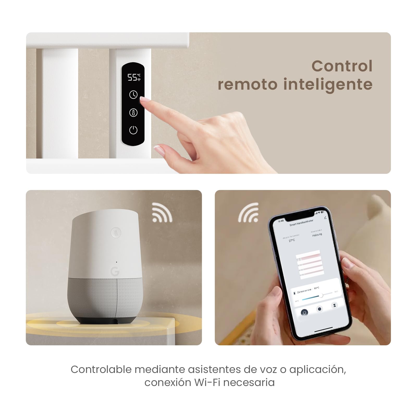 EMKE Secador de Toallas Eléctrico de 100x50cm, WiFi,Blanco,Montaje Derecho | Portatoallas Calefactado de Bajo Consumo, Control Inteligente de Temperatura, 320 W, Pantalla Táctil