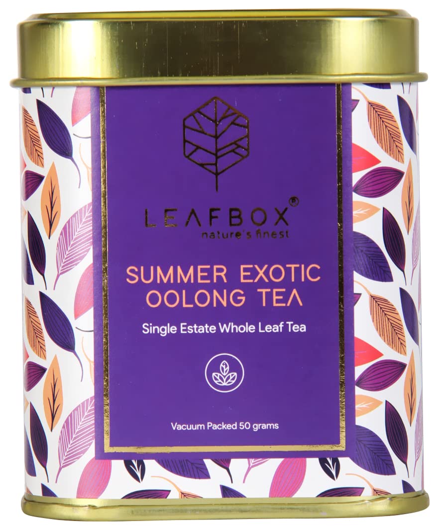 Leafbox Summer Exotic Oolong Tea 50 Cups Helps to Reduce Blood Pressure and Cholesterol Levels, Strengthen Tooth & Bone, Reduce Eczema, Vacuum Packed, 50g Tin Box