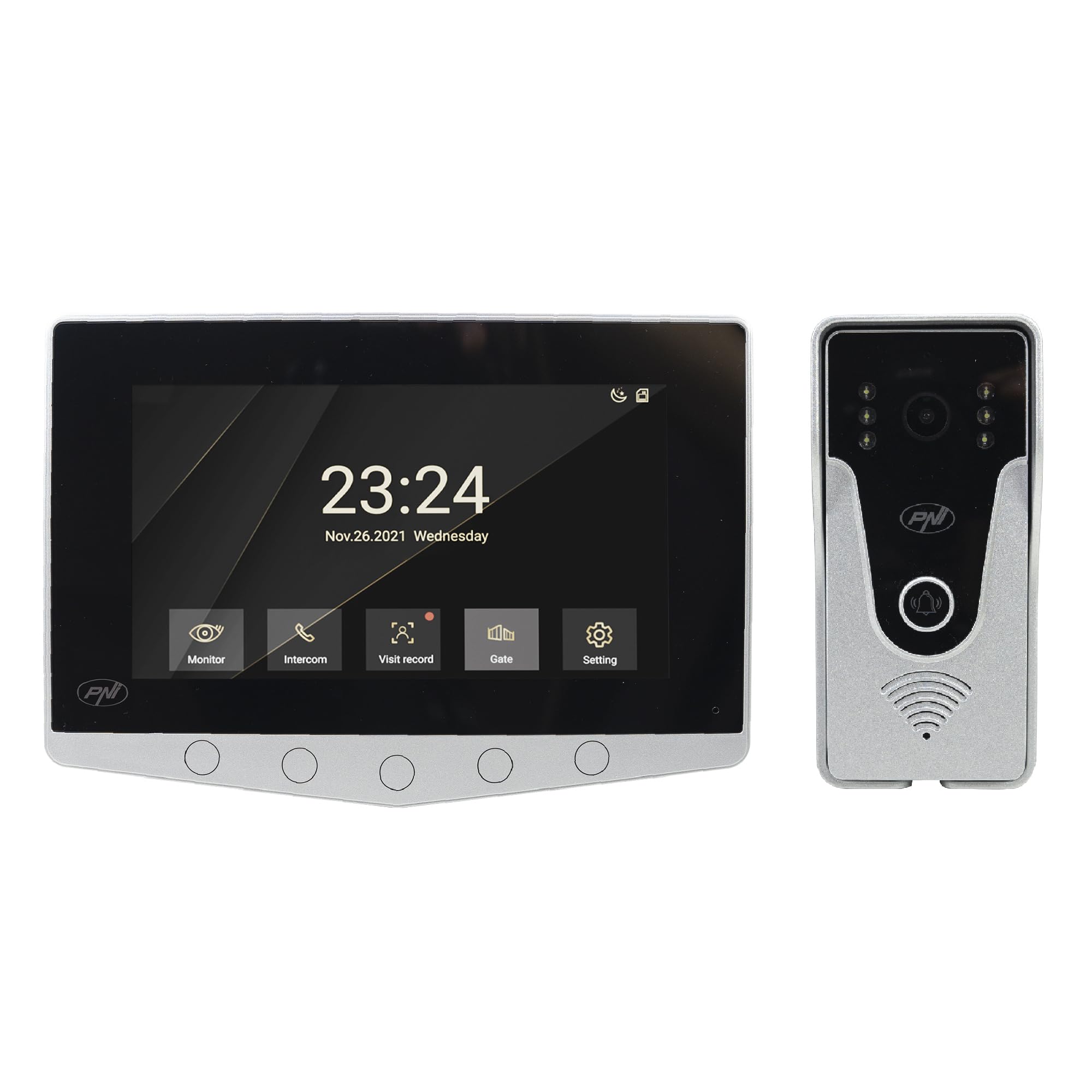 PNI DF780 1 Monitor Videocitofono System, 7" 1080p Touch Screen, Slot per schede, IP65 Supports Serial Connection o 4 Monitor, 2 Unità Esterne e 2 Telecamere CCTV