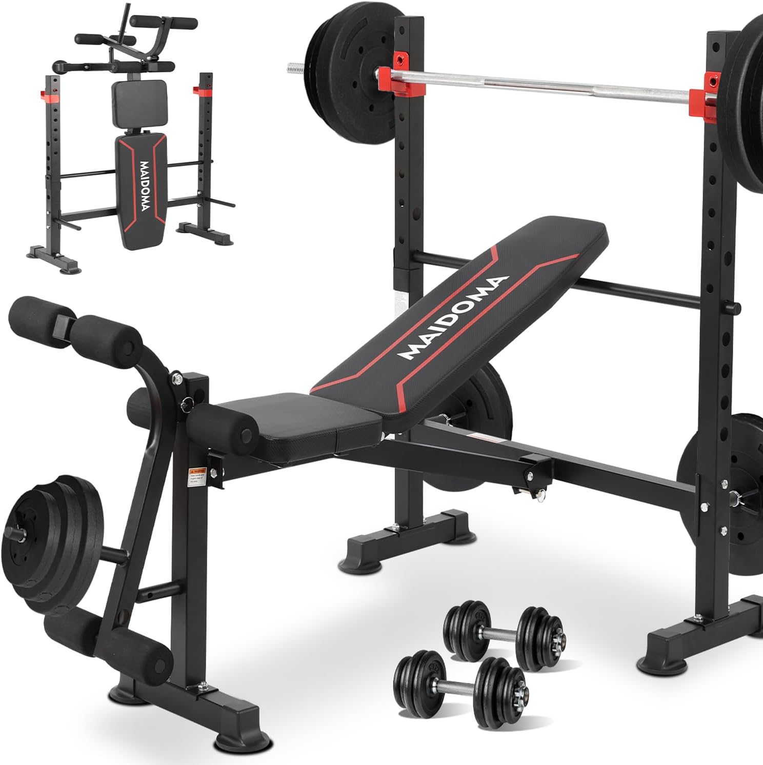 1500LB 8 IN 1 Weight Bench with Lat Pulldown and Leg Extension/Curl, Foldable Bench Press with Preacher Curl & Squat Rack, Workout Benches with Safety Bar Catches for Home Gym(US Stock)