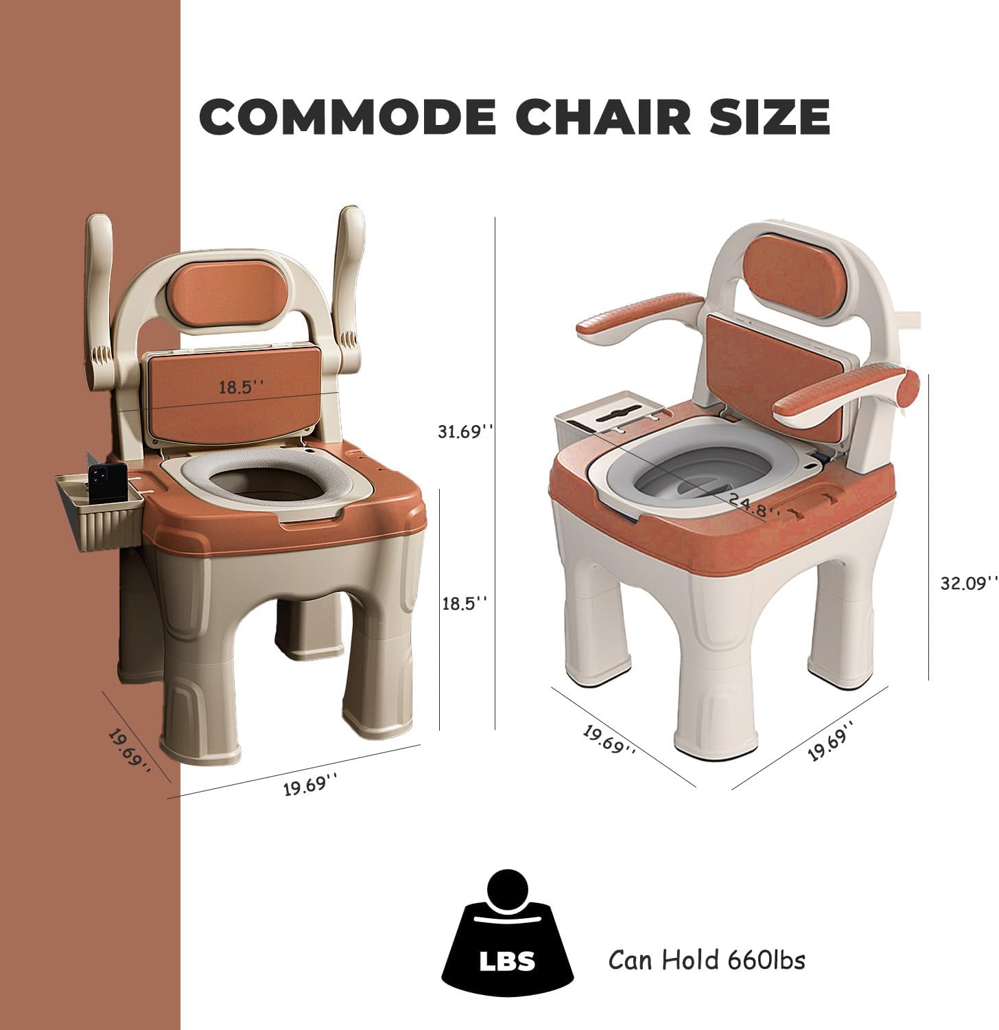 Portable Bedside Commode Chair for Senior,Mobility Toilet Chair for Adults,Supports 660 Lb Commodes for in Home Care with Adjustable Arms & Tissue Box Potty Chair for Disabled Pregnant Woman (Orange)