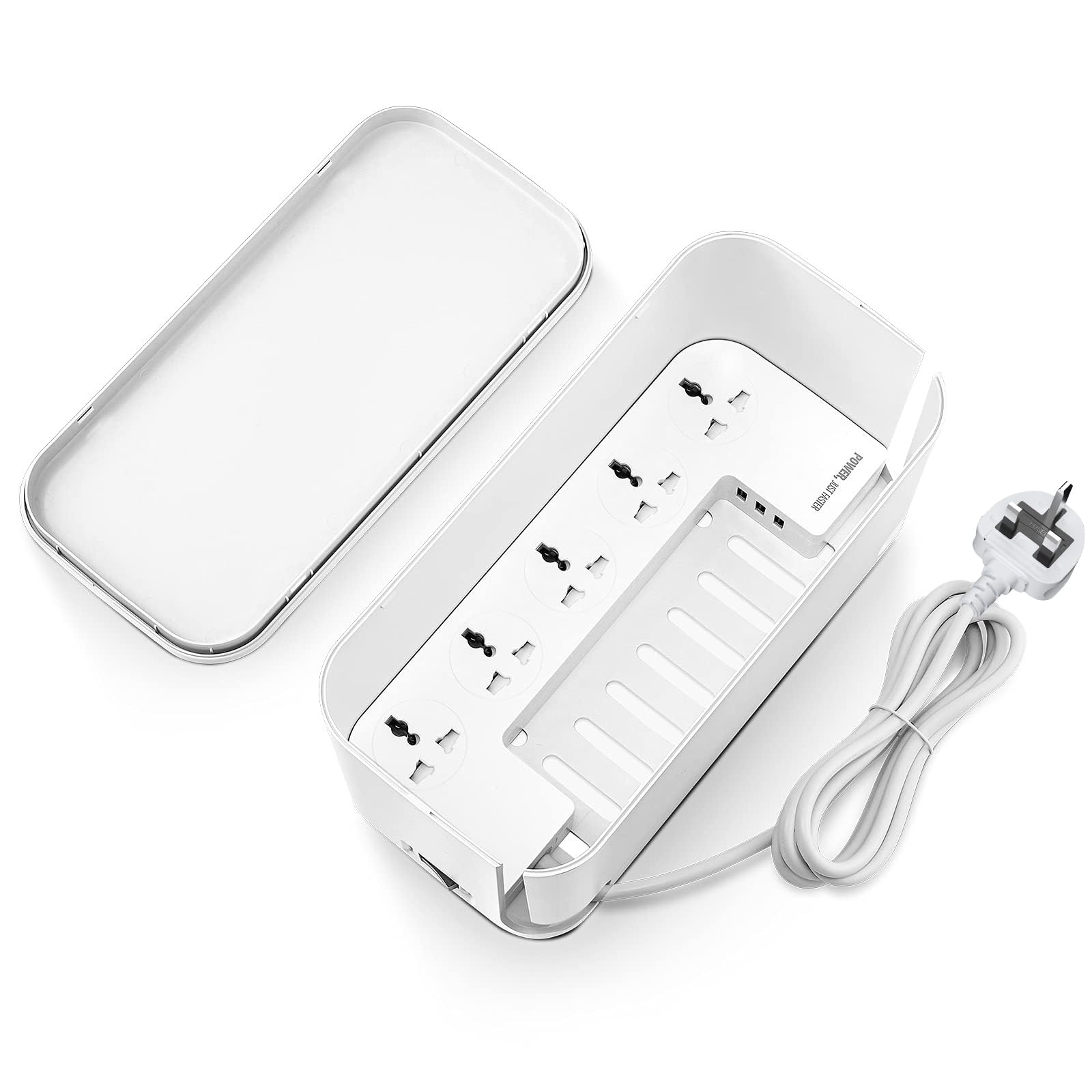 Hoteon Extension Board with Cable Management Box, Power Strip Plus Cord Organizer Box with Reset, 2500W/10A 5 Universal Sockets and 3nos 5V/3.1A Fast Charge USB Ports, 2M Surge Protector(UK Plug)