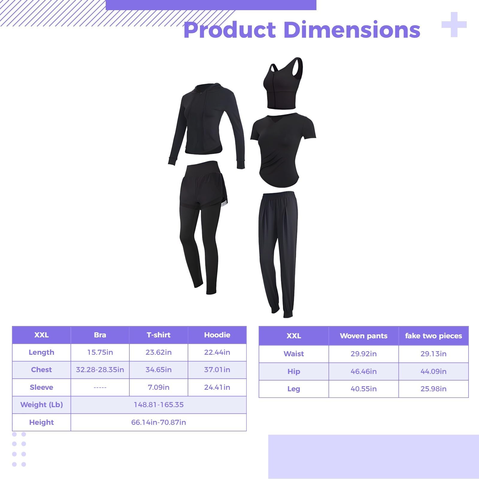 Conjunto de fitness de 5 piezas para mujer, ropa de yoga con manga larga y corta, tela negra transpirable, XXL (135-150 libras)