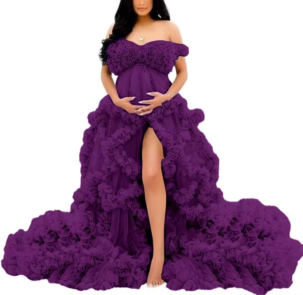 Yiann Women's Plum Maternity Dress Tulle Robe Pregnancy Dresses For Photoshoot Off Shoulder Bridal Lingerie For Baby Shower Gown Uk6