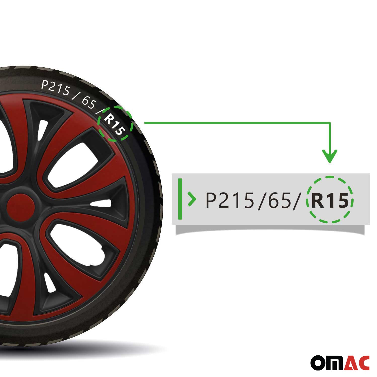 OMAC 4X Radkappen Radzierblenden Radblenden 15" Zoll Stahlfelgen Matt Schwarz-Rot