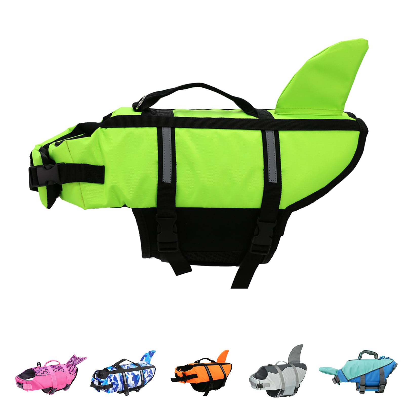 FANUPSON Dog Life Jacket,Cute Shark Dog Life Vest for Swimming Boating with High Buoyancy and Durable Rescue Handle,Adjustable Puppy Floating Swim Vest for Small Medium Large Dogs(Green, X-Large)