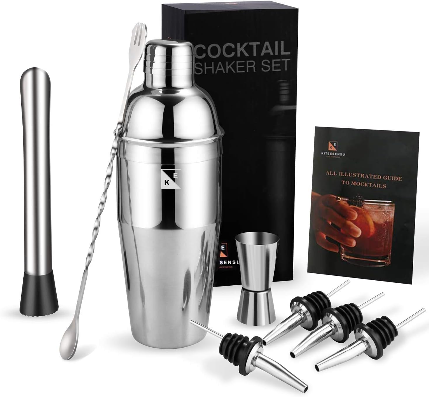 KITESSENSUCocktail Shaker Set | Drink Mixer | 10-Piece Bartender Kit: 24 Ounce Margarita Shaker, Double Jigger, Muddler, 4 Liquor Pourers, Alcohol Mixer Spoon, Velvet Bag, Recipes Booklet - Silver