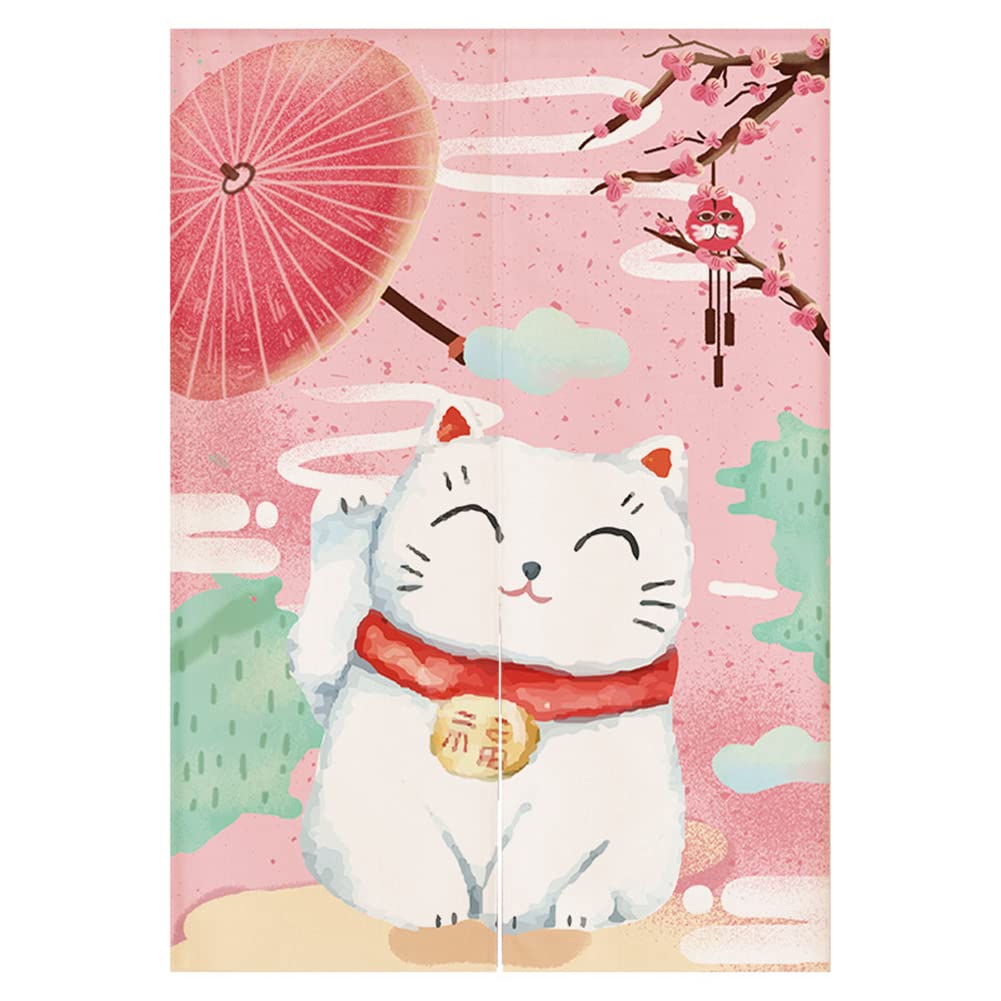 RLoncomix Japanese Noren Doorway Curtain Tapestry Maneki Neko Lucky Cat Door Curtain Ukiyoe Room Divider Kitchen Home Decoration, 33 x 59 inch