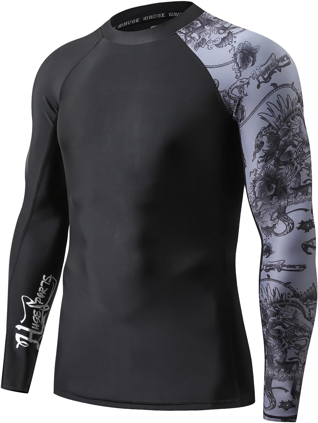HUGE SPORTSMen's Rash Guard Long Sleeves UPF 50+ UV Sun Protection Quick Drying Splice Compression Swim Shirts