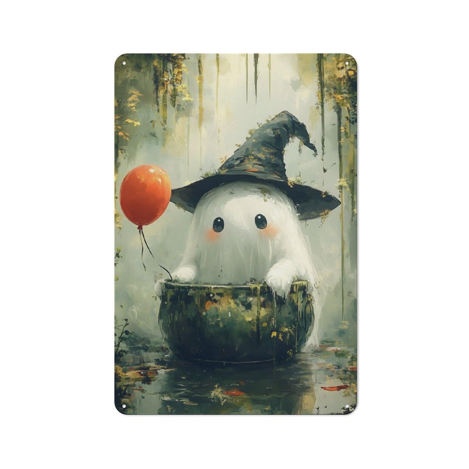 Junmoney Cute Ghost In A Cauldron Rustic Tin Sign 30X20cm For Pub Or Café, For Collectors Building A Themed Wall Display
