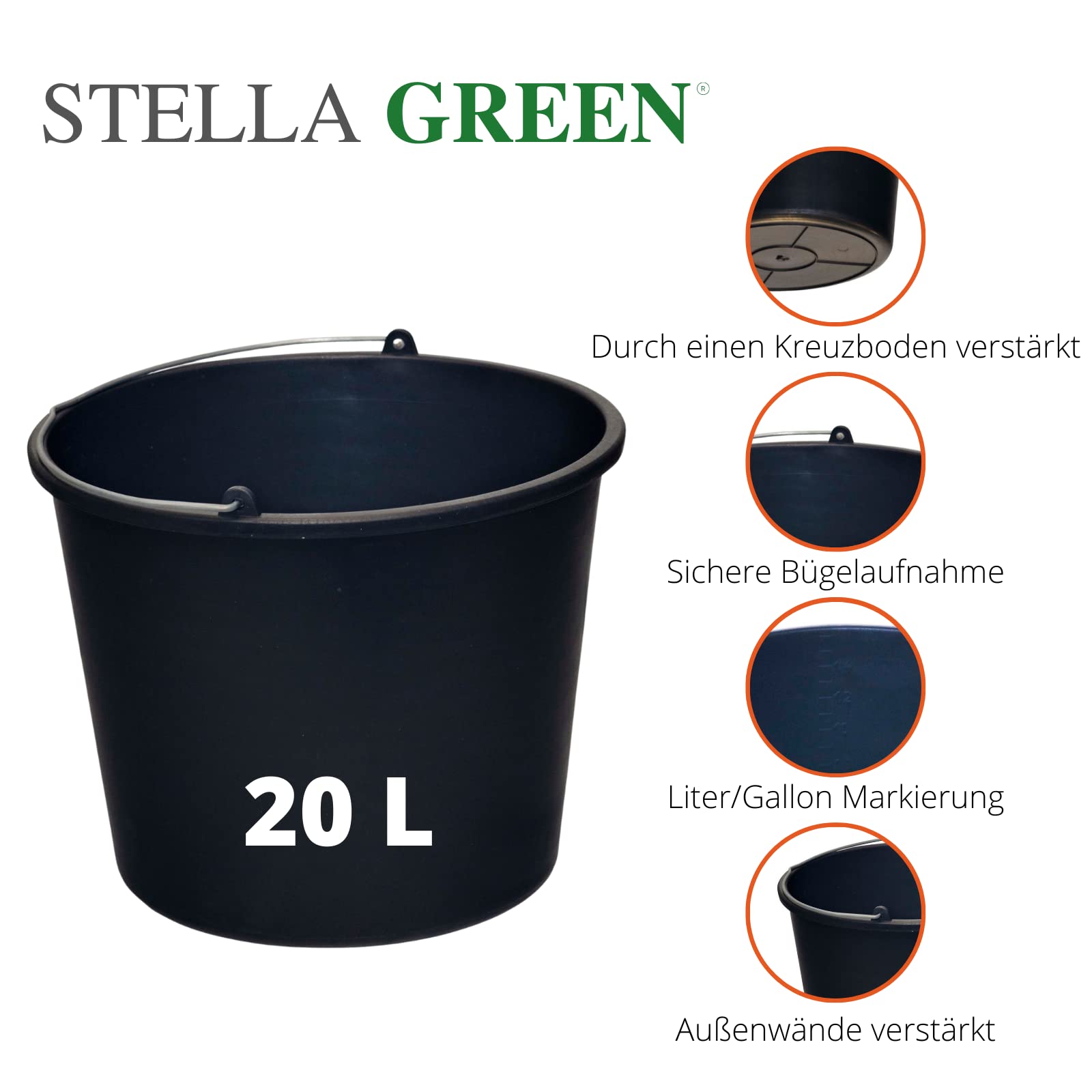 STELLA GREEN BB20 Lot de 5 seaux de Construction 20 l – Seau inodore – Léger – Portable – en Plastique Flexible Robuste – Résistant aux dommages mécaniques – Ø 37 cm – Hauteur 27 cm