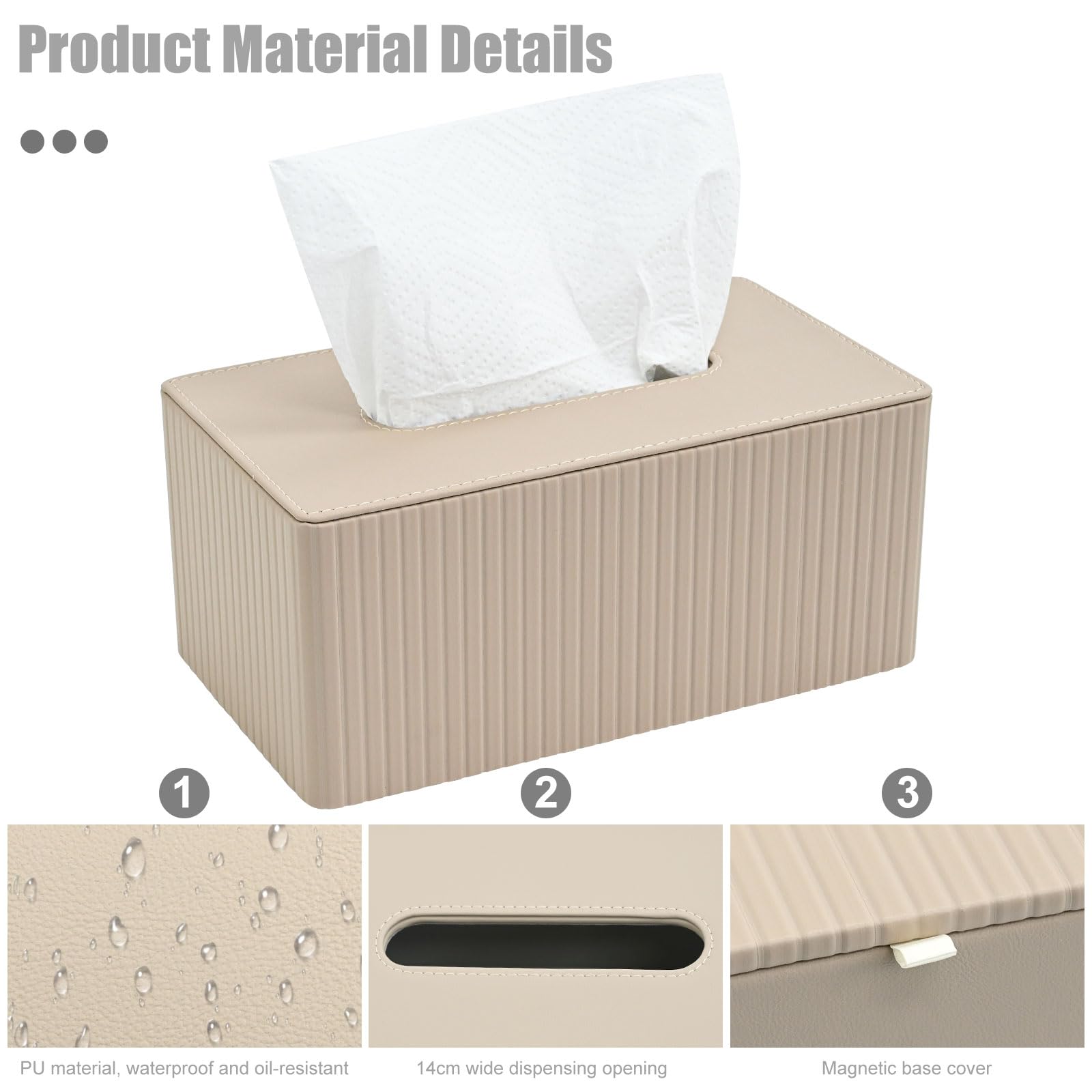 Scatola per fazzoletti in pelle PU, per riporre fazzoletti cosmetici | con chiusura magnetica, beige, decorazione per bagno, soggiorno e ufficio (26 x 15 x 12 cm)