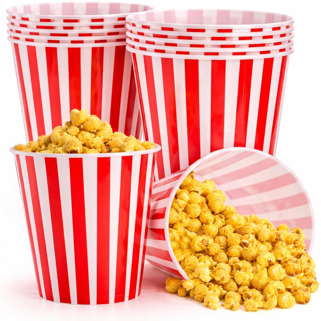 Amit Marketing Paperboard Popcorn Basket Tub | Disposable Classic Striped Red & White Bucket | Vintage Bowls for Family Movie, Night-Out, Party, Carnival & Snack Serving - 50Pcs