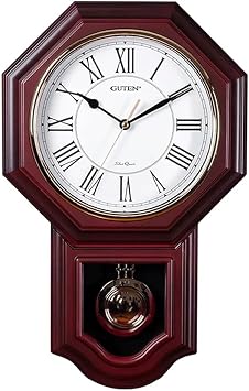 Regulator Wall Clock with Pendulum & Westminster Chime Hourly,Imitation Red Wood Plastic Wall Clock Battery Operated,Vintage Decorative Wall Clocks for Living Room,Farmhouse,Office