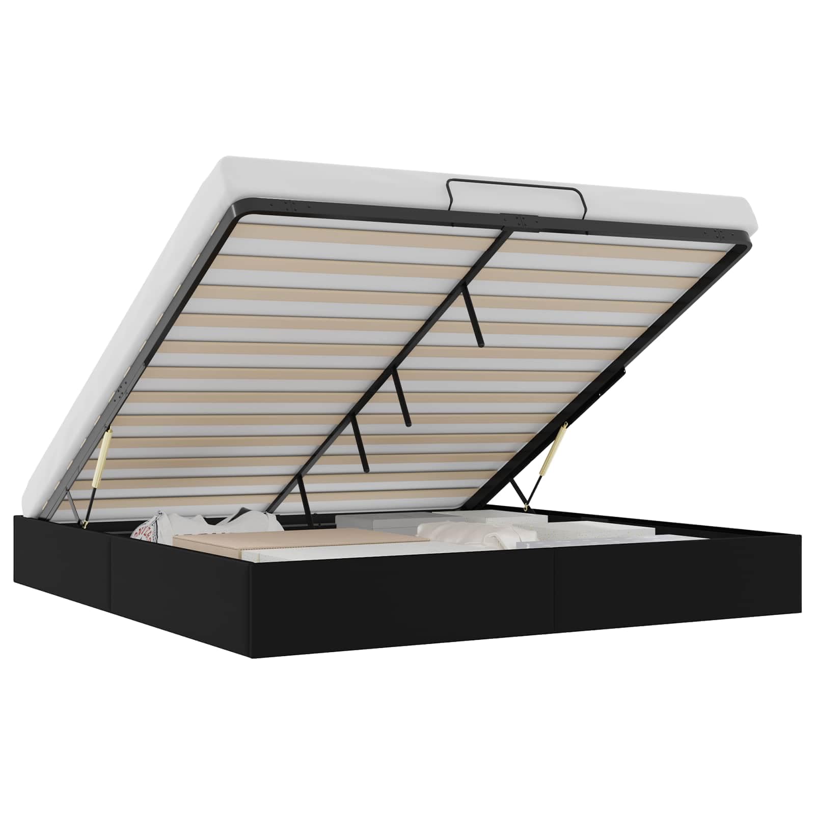 Cadre de lit Ottoman Noir en Simili Cuir King Size 203 x 193 cm avec Rangement spacieux sous sommier, Structure métal et Bois d’ingénierie