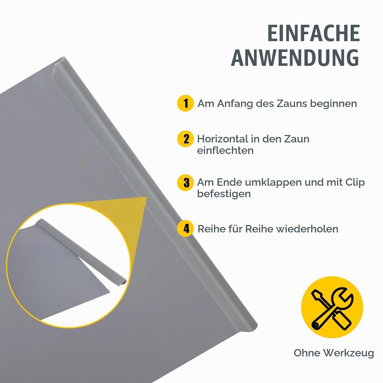 PVC Sichtschutzstreifen 4er-Set, 35 m x 19 cm Graue Zaunfolie, Sicht- & Windschutz mit 30 Befestigungsclips, 450 g/m², passend für Doppelstabmatten, Gartenzaun und Balkon