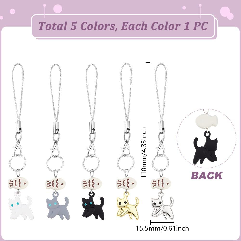 AHANDMAKER 5Pcs Cat Phone Charm Cute Keychain Accessories Kawaii Cat Fish Phone Bag Charms for Purse Wallet Backpack Valentines Day Easter Party Favors Decor 1.77inch (5 Colors) - Image 2