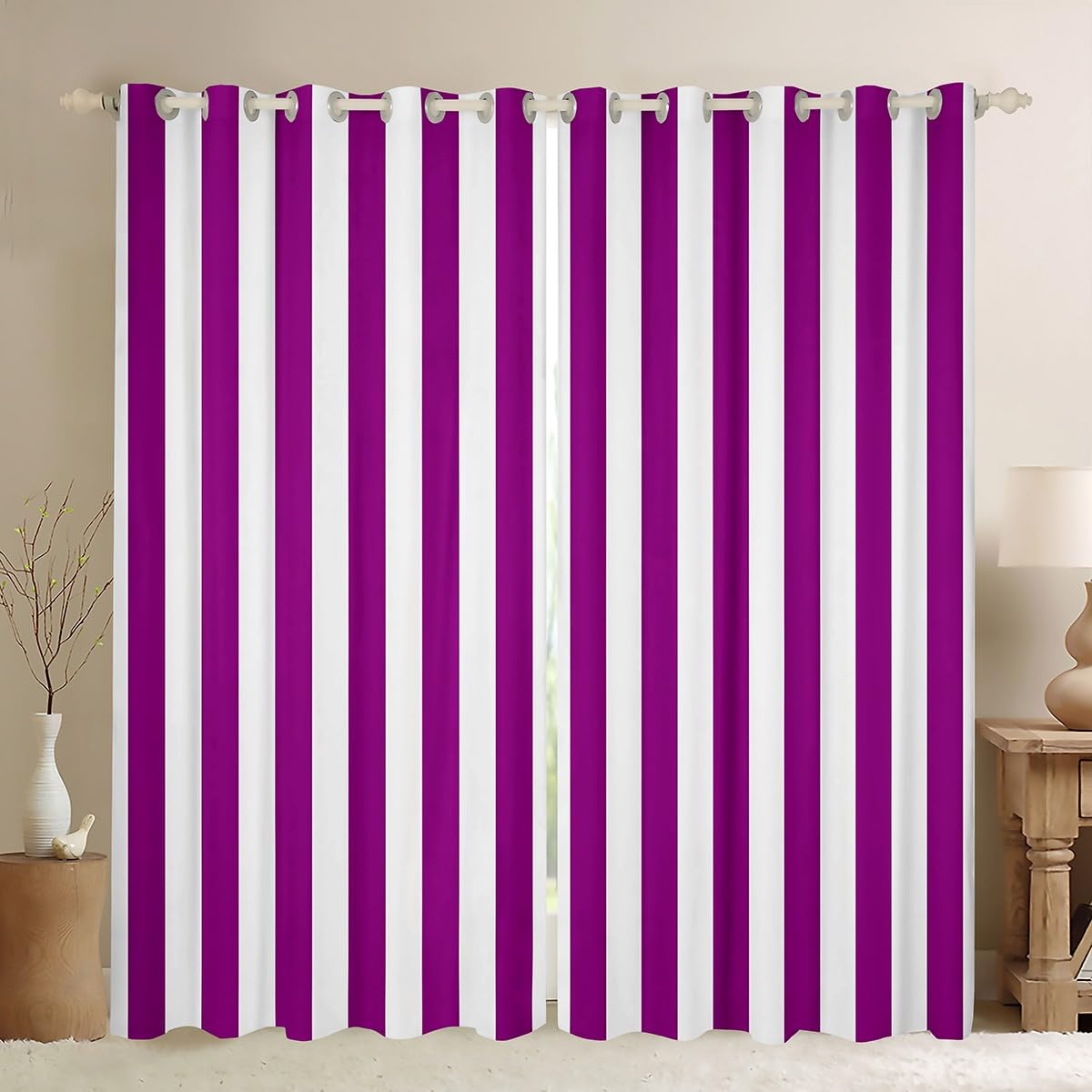 Homemissing Purple White 30%-50% Blackout Shades (2 Panels, W46*L54) Stripes Curtain for Kids Boys Girls Decor Geometric Window Drapes Breathable Soft Microfiber Abstract Modern Art Bedroom Decor