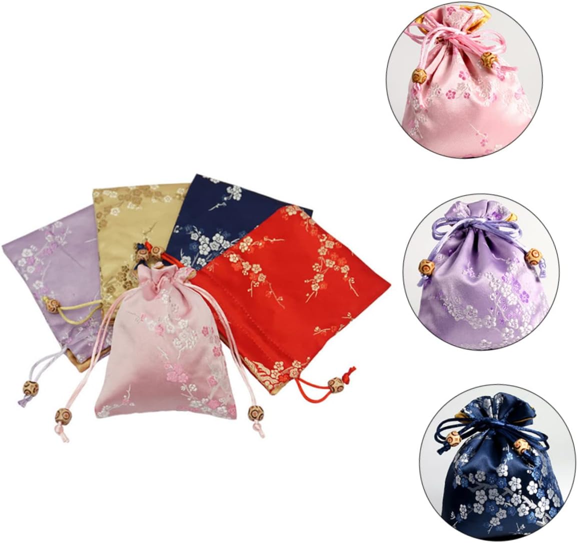 BESPORTBLE 5pcs Brocade Jewelry Pouches Elegant Drawstring Bags Red Golden Dark and Luxurious Plum Blossom Pattern for Jewelry Storage and Giving