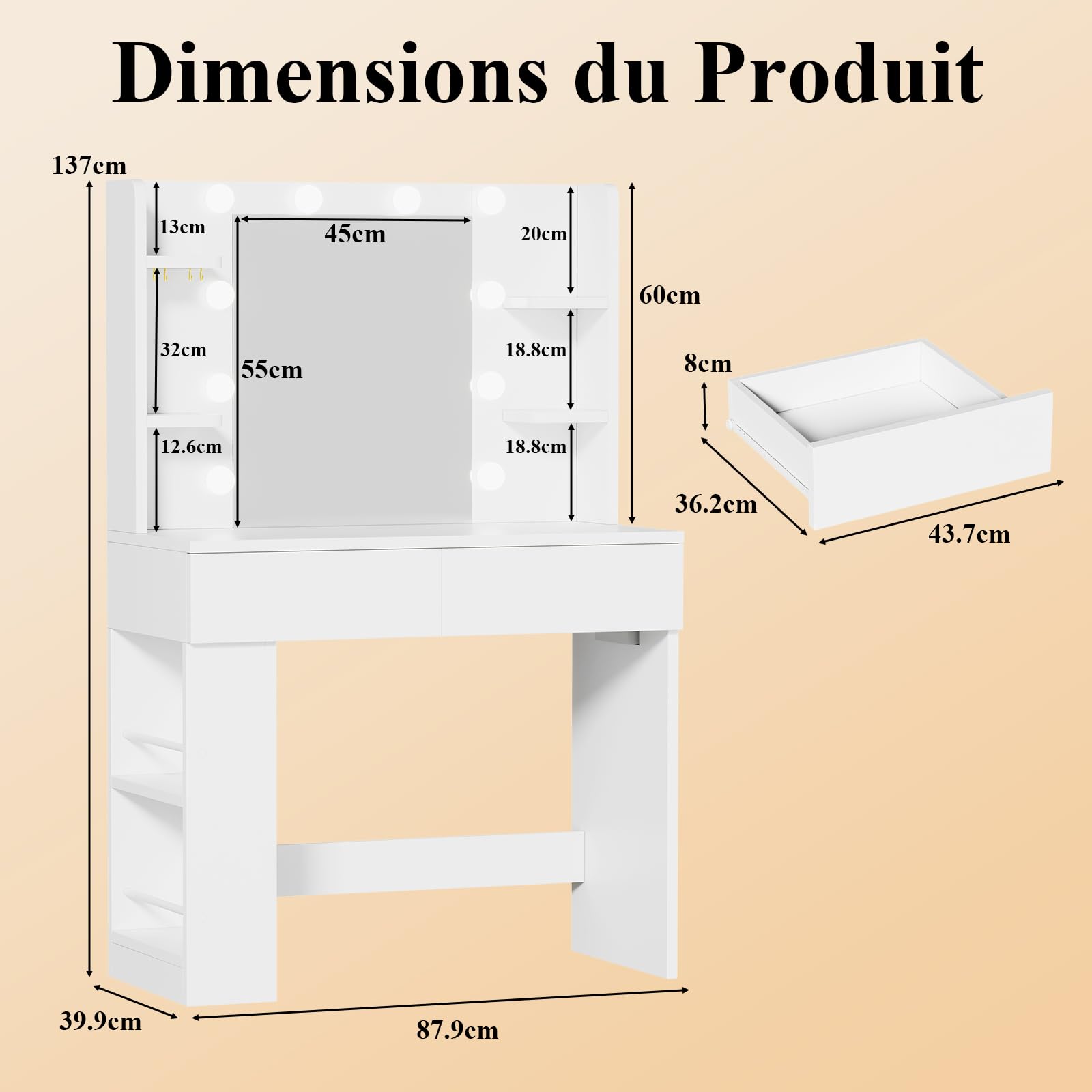 Devoko Coiffeuse avec Miroir LED, Luminosité Réglable, 108x40x126cm, Table de Maquillage avec 2 Grand Tiroirs, 4 Étagères et Rangement Latéral (Blanc, Modèle Globe de 90 cm)