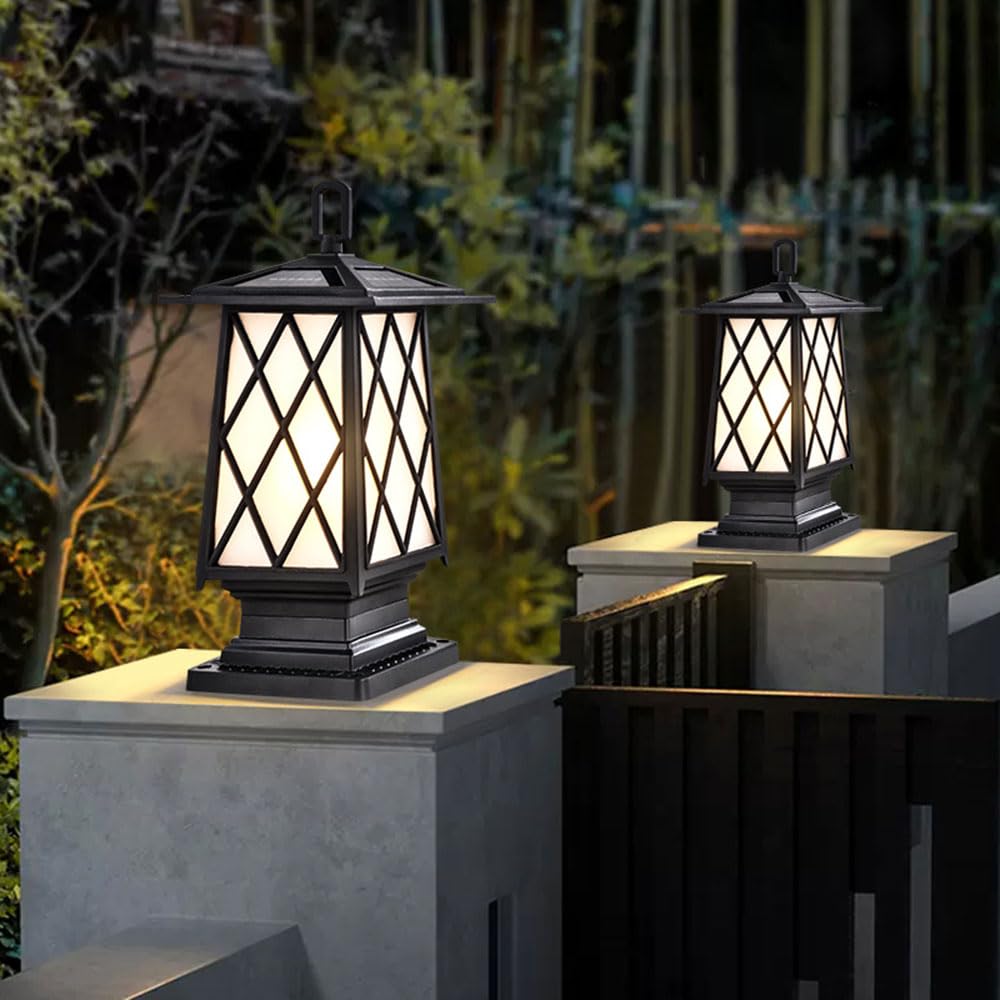 Lampada Solare Da Esterno A Colonna, Impermeabile, Per Recinzione | Lampada a sospensione impermeabile con struttura in metallo e paralume in vetro, accensione/spegnimento automatico