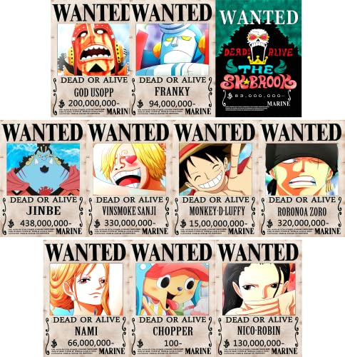 10 Pcs One Piece Pirates Wanted Poster,1.5 Billion New Edition 28.5cmÃ—21cm , The Straw Hat Pirates Crew Luffy Chopper Zoro Nami Usopp Sanji Jinbe Franky Brook Robin.