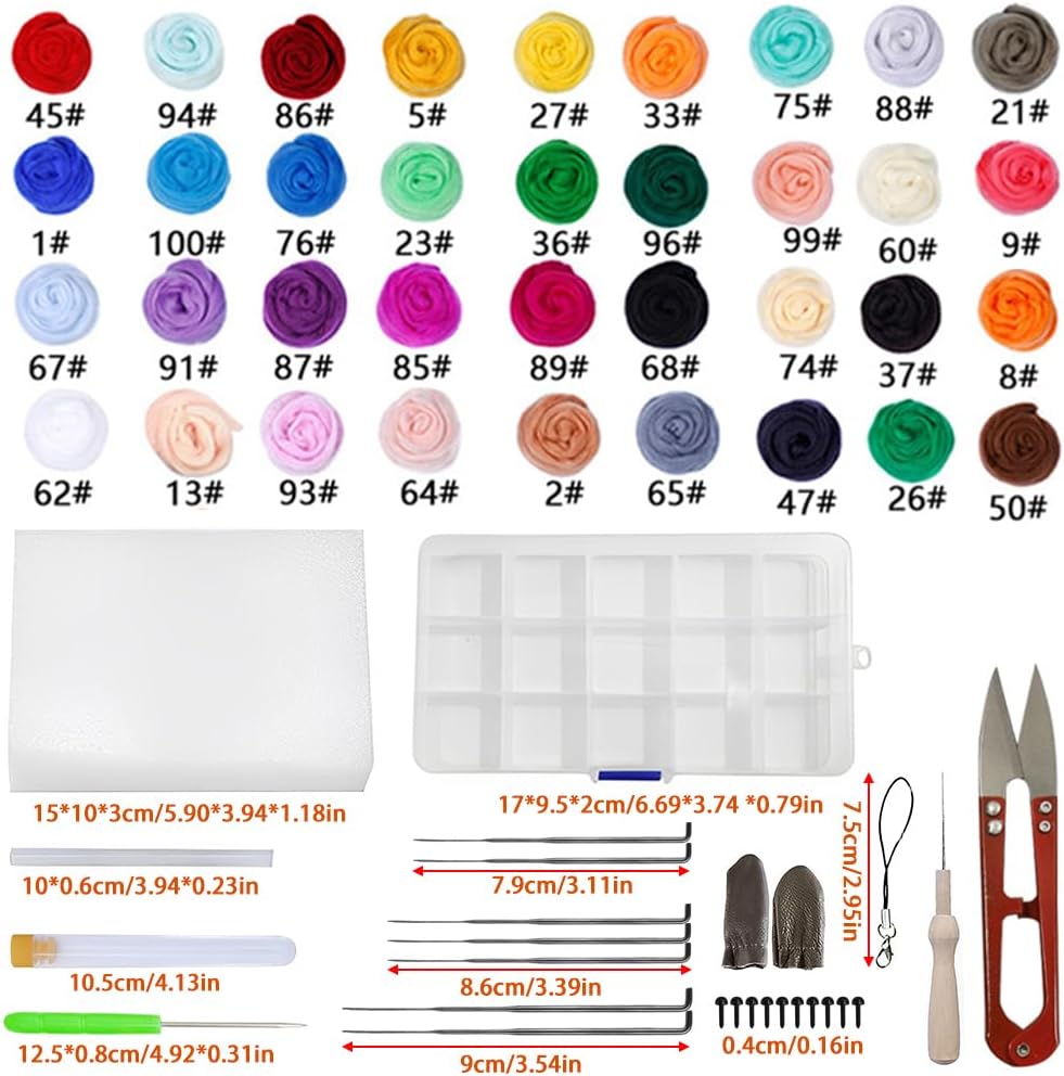 Treayes Complete Needle Felting Kit with Wool Roving, DIY Craft Tools & Storage Box for Home Decoration(36 Colors 3g)