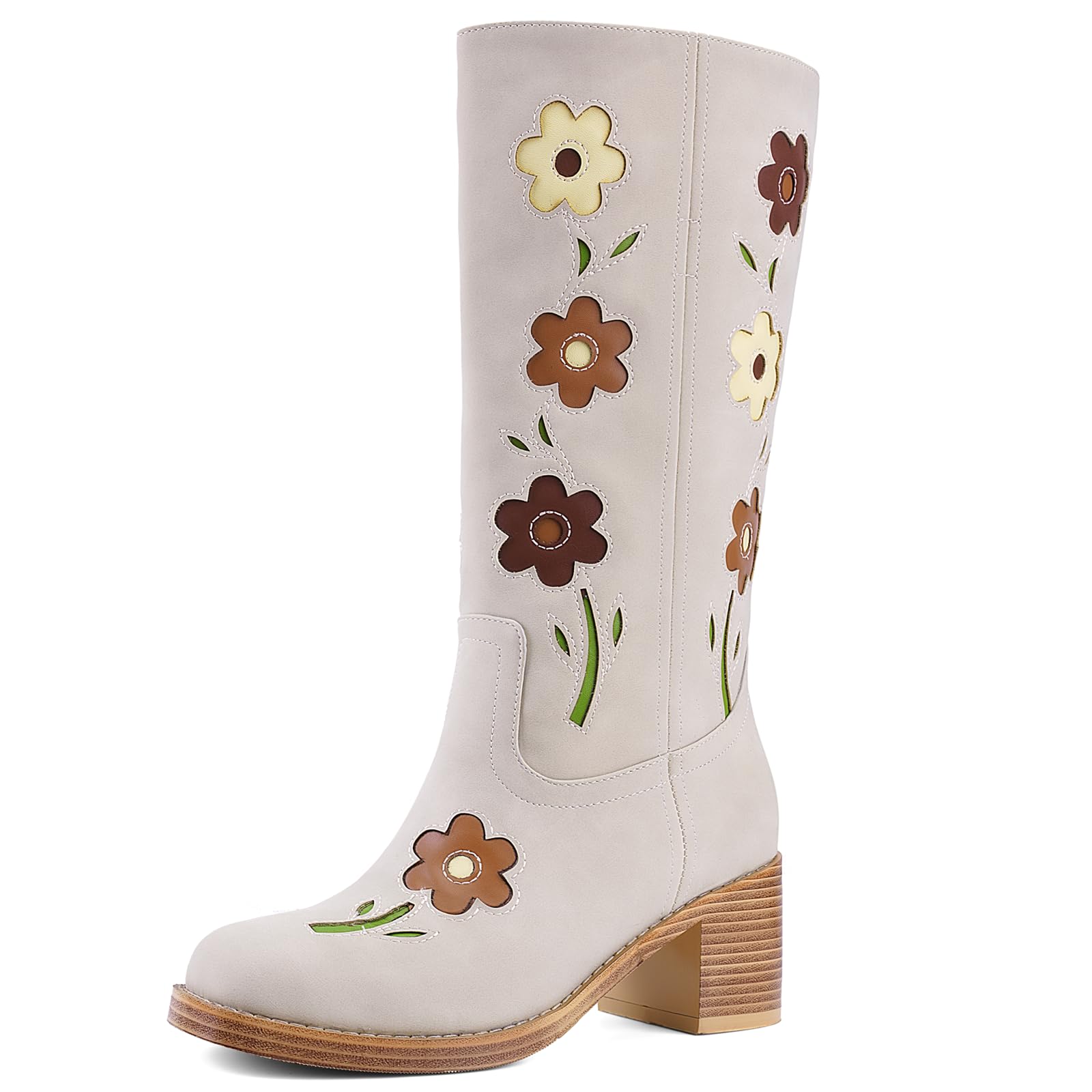 Womens Knee High Boots Floral Embroidered Cowboy Boots with Chunky Block Heel Square Toe Pull-On Design for Comfort
