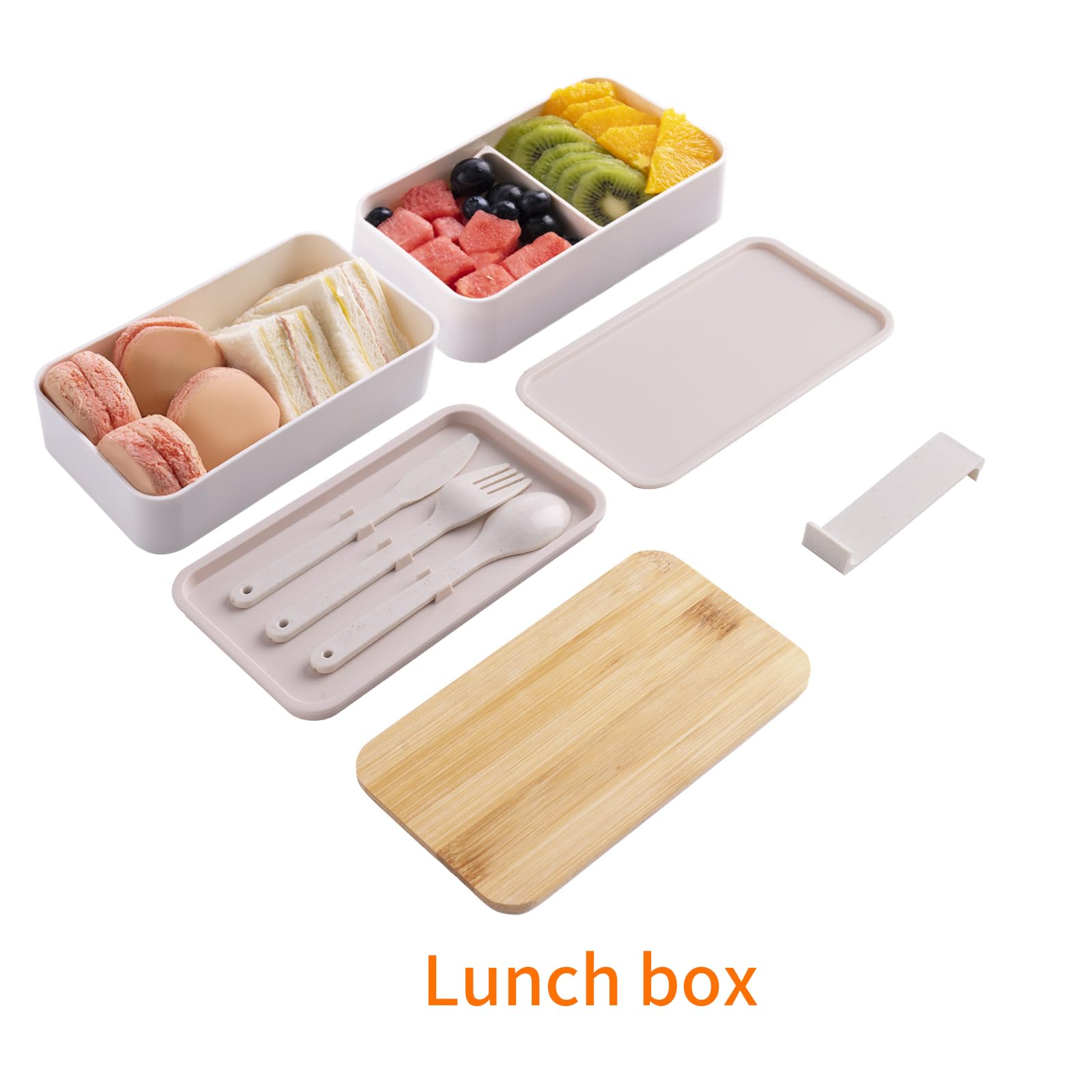 Caja Bento japonesa, lonchera de 2 capas, contenedor de almuerzo de preparación de comidas con tapa de tabla de cortar de bambú, bolsa, cubiertos, divisor, lonchera Bento para niños y adultos, gris