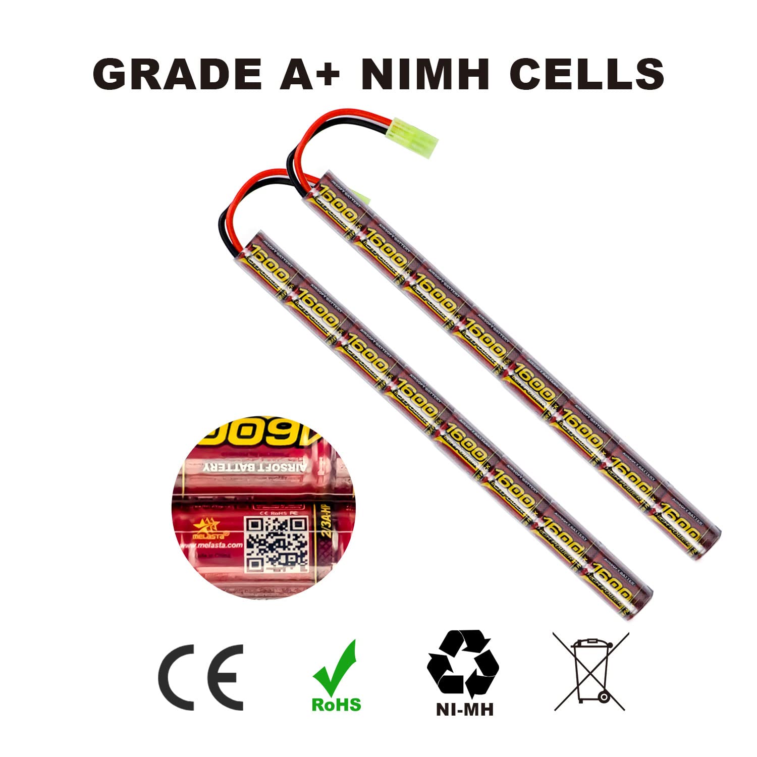 melasta 9,6V 1600mAh Airsoft Batteria NiMH Butterfly Nunchuck Batteria con Mini Tamiya Connettore per Fucile Carabina ad Aria Compressa Airsoft, Fucile Softair, Pistole Softair, 2 PCS