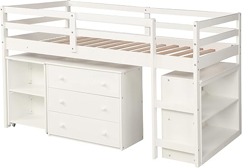 Miniatura 5 de NCKMYB Base de cama baja de madera con escritorio portátil rodante cama loft individual con armario abierto y cajones cama baja con estante para