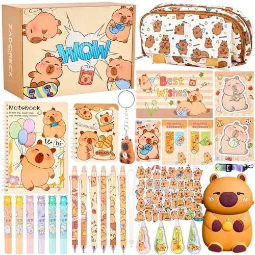 Zadoreck Papeterie Cadeau,30 Pièces Capybara Ensemble Complet de Fournitures Scolaires Kawaii Capybara Trousse-Idée Cadeau pour Fille Garçon 4-15 Ans, Anniversaire,...