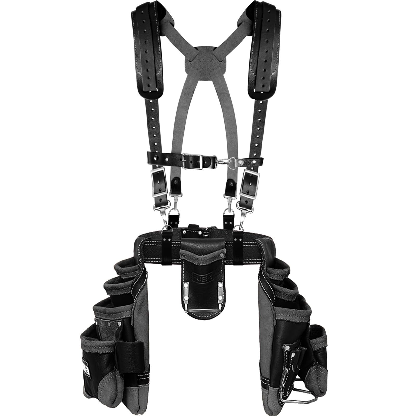 FUERI Leather Tool Belt for Men with suspender, 16 Pocket Pro Framing Combo Comes with Tools Pouches, Triple Hammer holder, Adjustable Padded Belt,