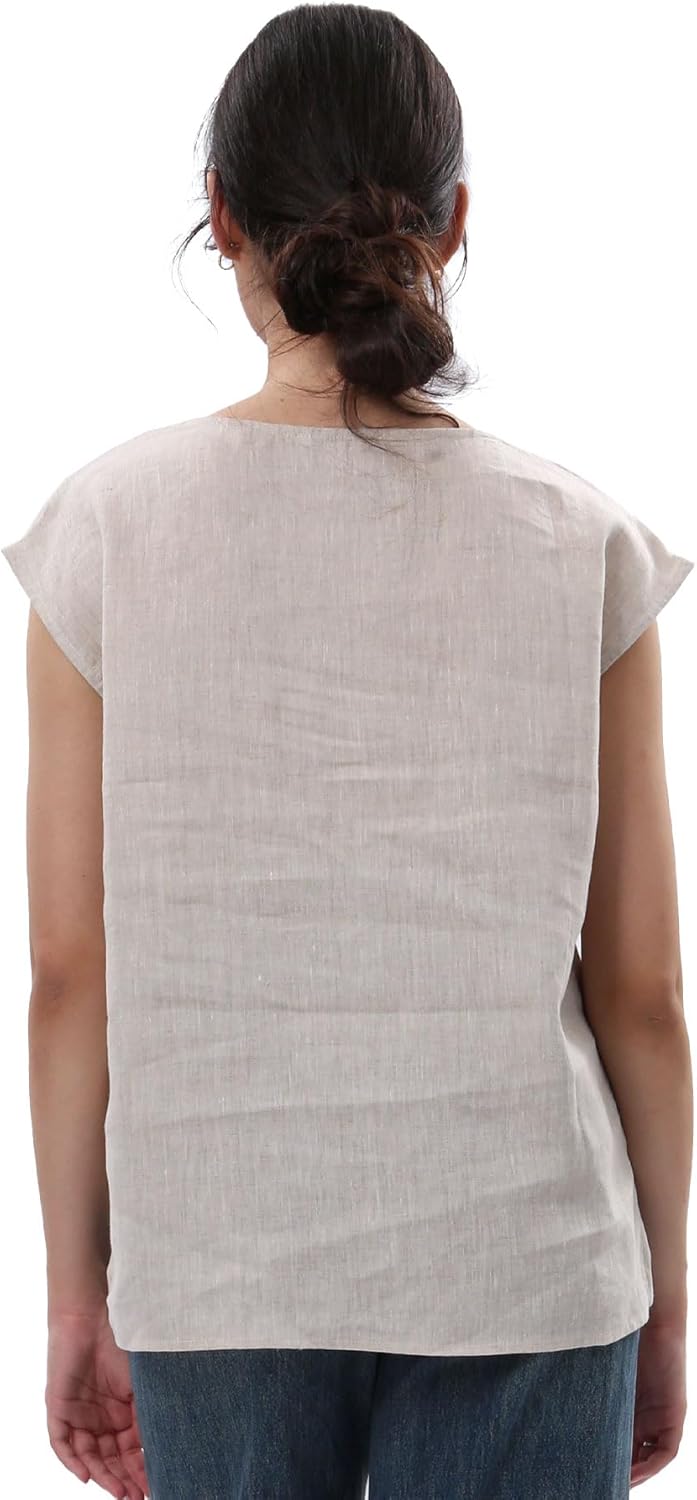 Amazhiyu Women's 100% Linen V Neck Cap Sleeve Blouse Basic Casual Summer Top - Image 3