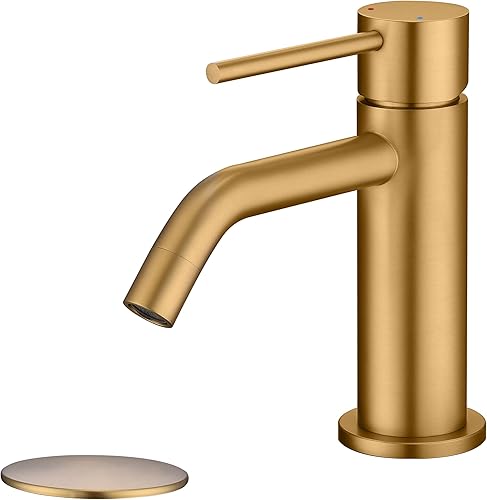 JXMMP Grifo de baño de latón cepillado, grifo de lavabo de baño de latón de una sola manija de acero inoxidable, 1 orificio con montaje de drenaje