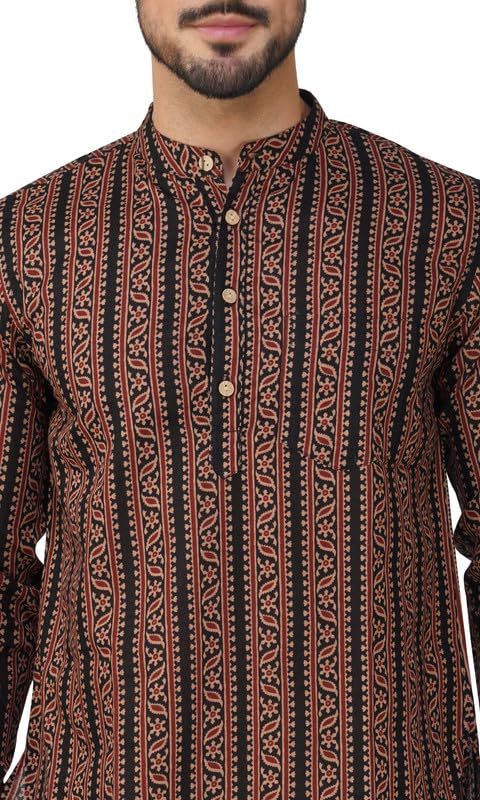 Image of Vastraa Fusion Men's Handloom Weaving Pure Cotton Short Kurta, Round Collar, Full Sleeves,Button Kurta, Ethnic Wear