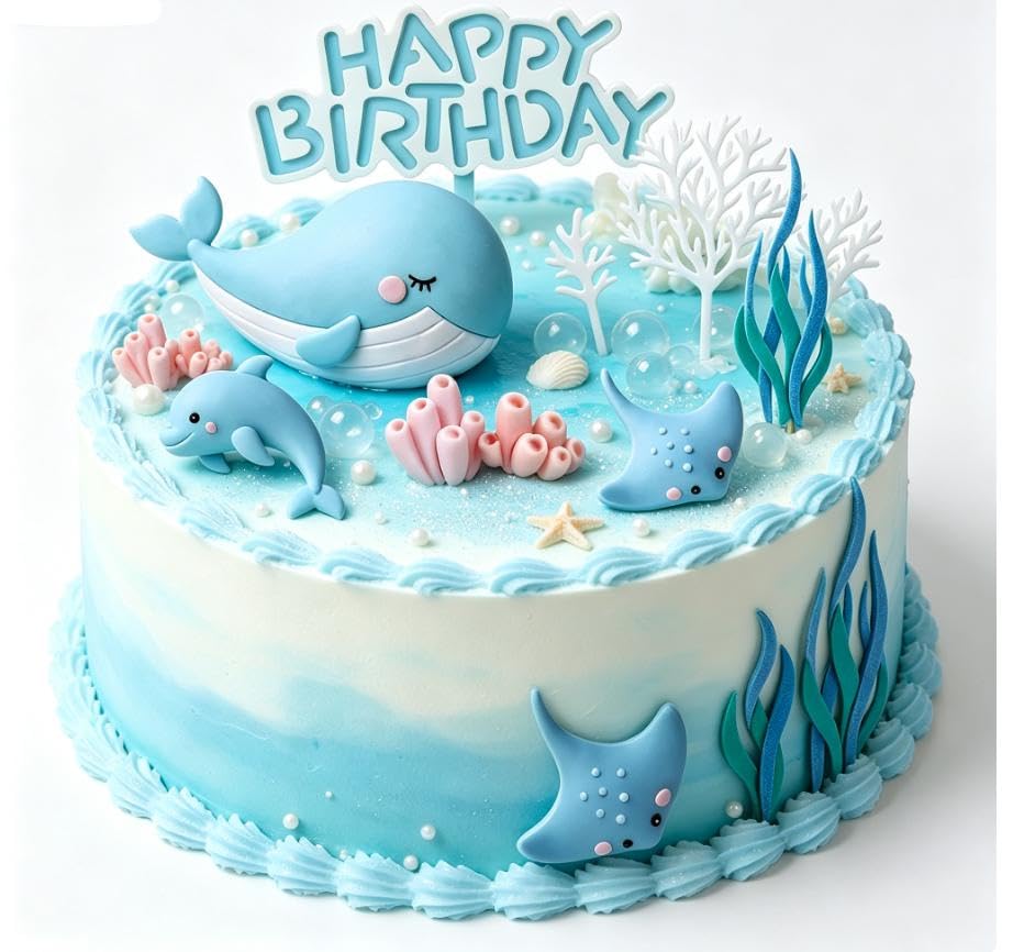 Under the Sea Ocean Birthday Cake Decorations, Ocean Theme Cake Decoration for Boys, Sea Party Favor Supplies for Ocean Theme Baby Shower Birthday Party