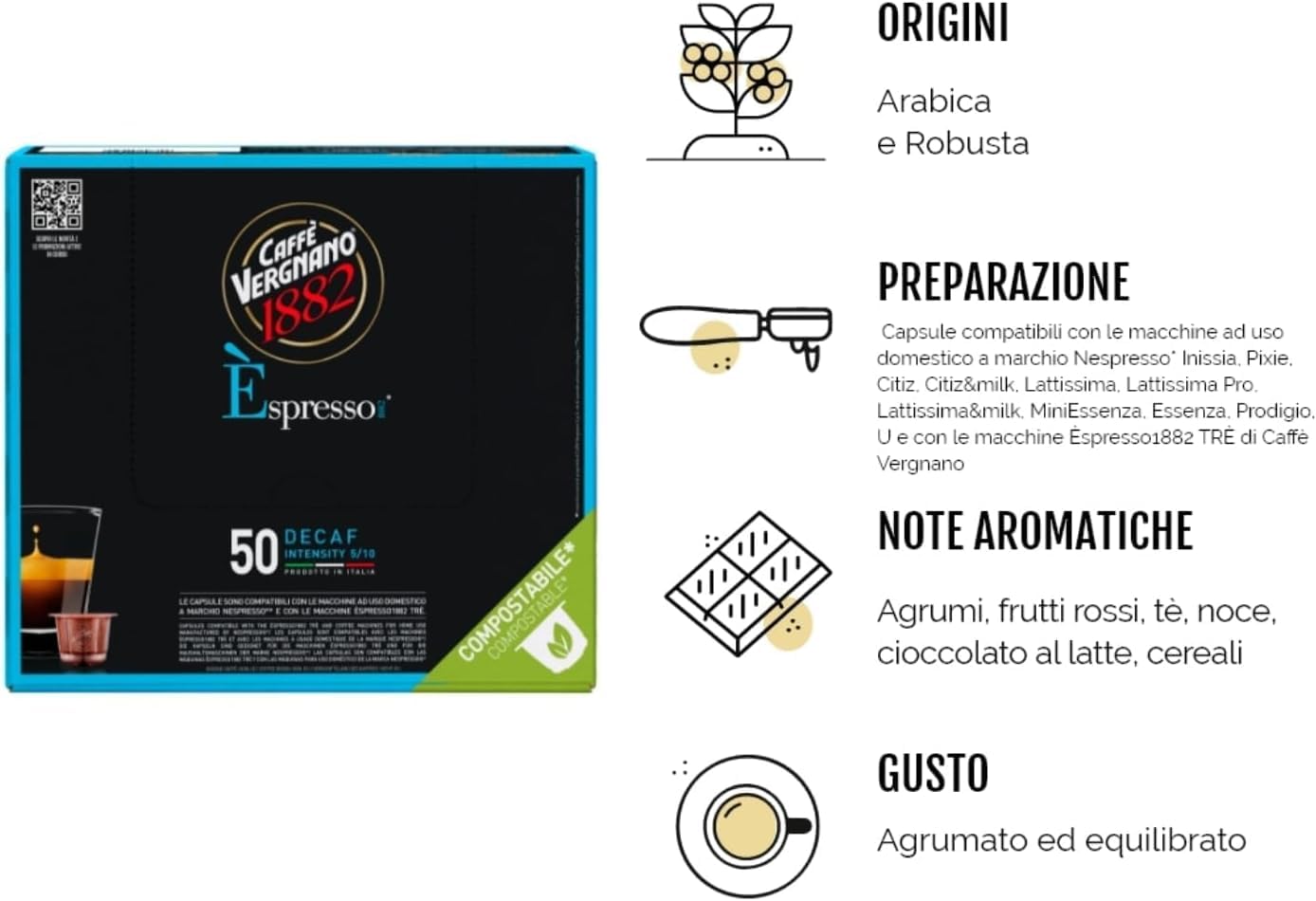 Caffè Vergnano 1882 Èspresso Miscela DEK Decaffeinato, 200 Capsule Compostabili Compatibili Nespresso -DD-