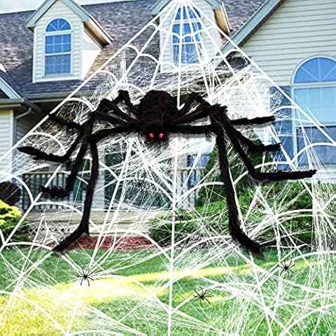 Ni-SHEN Outdoor Halloween Decorations,200" Halloween Spider Web + 35" Giant Spider Decorations Fake Spider with Triangular Huge Spider Web for Indoor Outdoor Haunted House Theme Parties Cover