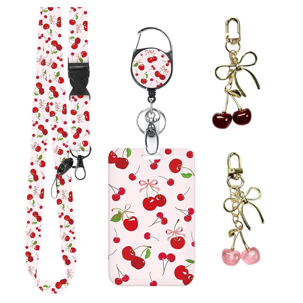 Lanyard with Card Holder Cherry Pattern with Cherry Keychain,Cute Pink Card Holder Retractable ID Badge Holder Set Detachable Teacher Lanyard for Office Nurse Student Use