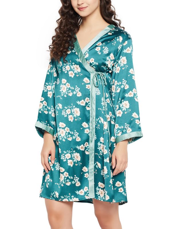 Image of Clovia Women's Satin Printed Short Night Dress & Robe Set