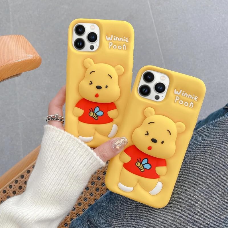 Image of COVERLY Back Cover iPhone 15 Pro Max Soft Silicone 3D Cute Cartoon with Holder Full Protective Case Compatible with iPhone 15 Pro Max (Pooh),Brown