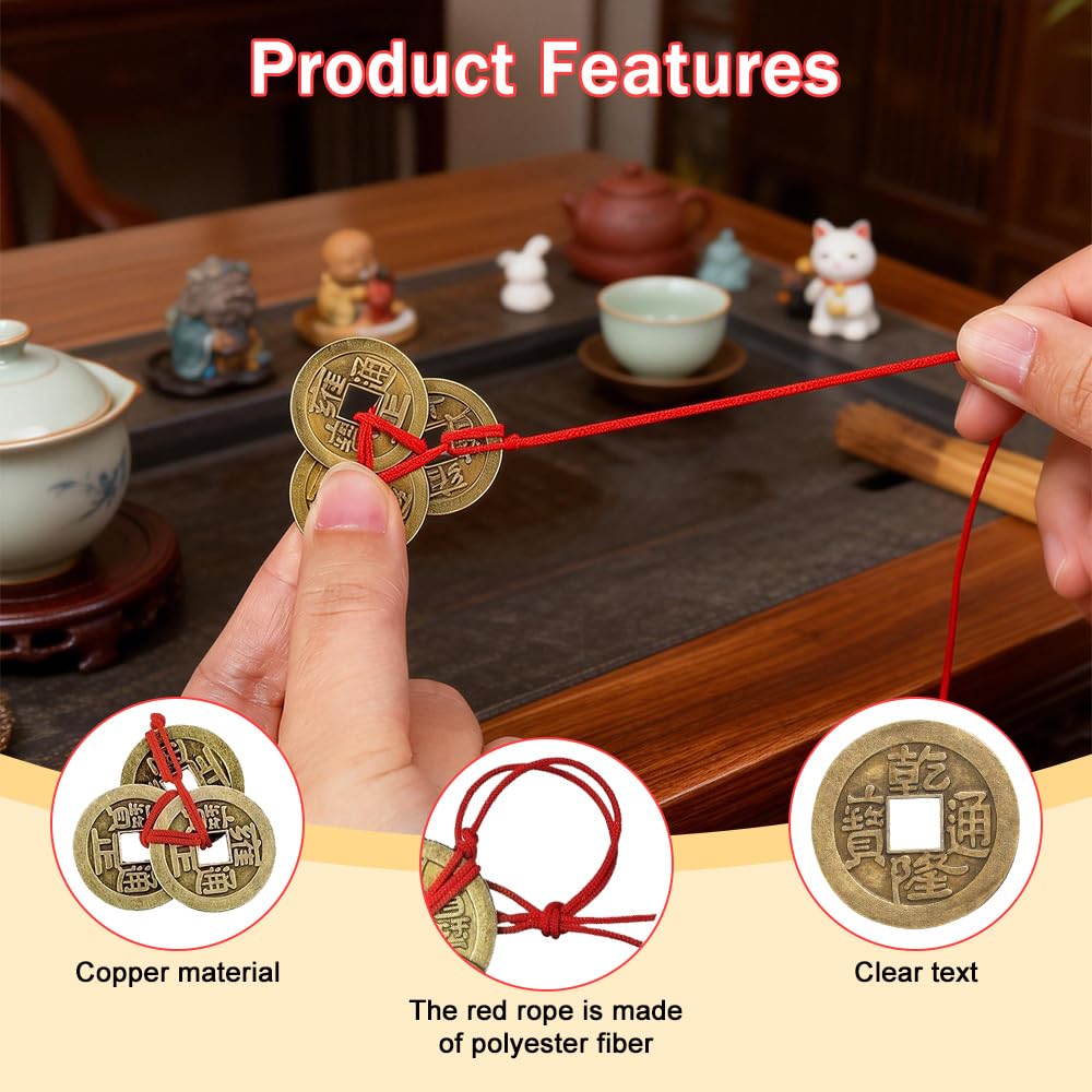 TONGIHS 15 Pack Fengshui I-Ching Coins with Red String, Chinese Fortune Coins Feng Shui Coins - Image 3