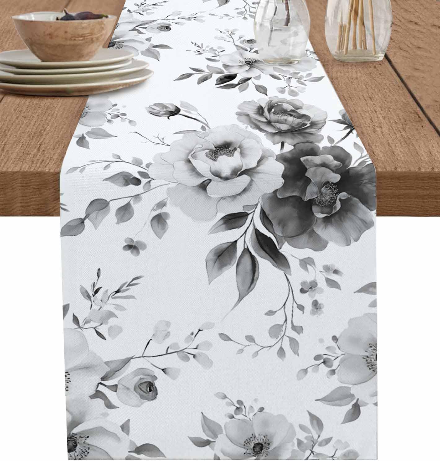 Cotton Linen Table Runner Watercolor Ink Flowers Dresser Scarf Abstract Color Gradient Floral 13"x90" Kitchen Dinning Table Runners Decor for Indoor Outdoor Party Holiday Wedding Black White Grey