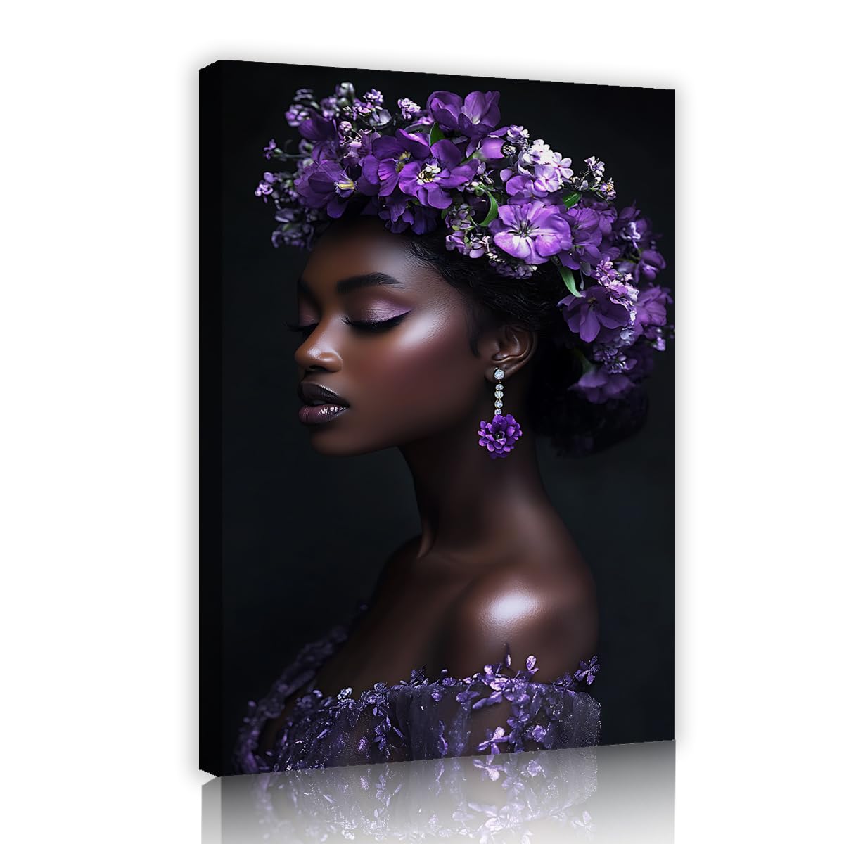 CHERHERART Canvas Wall Art Elegant Floral Portrait Canvas Decor Pictures Beautiful Black Woman Purple Flower Crown Posters Prints for Bedroom 70x110cm Innerframe