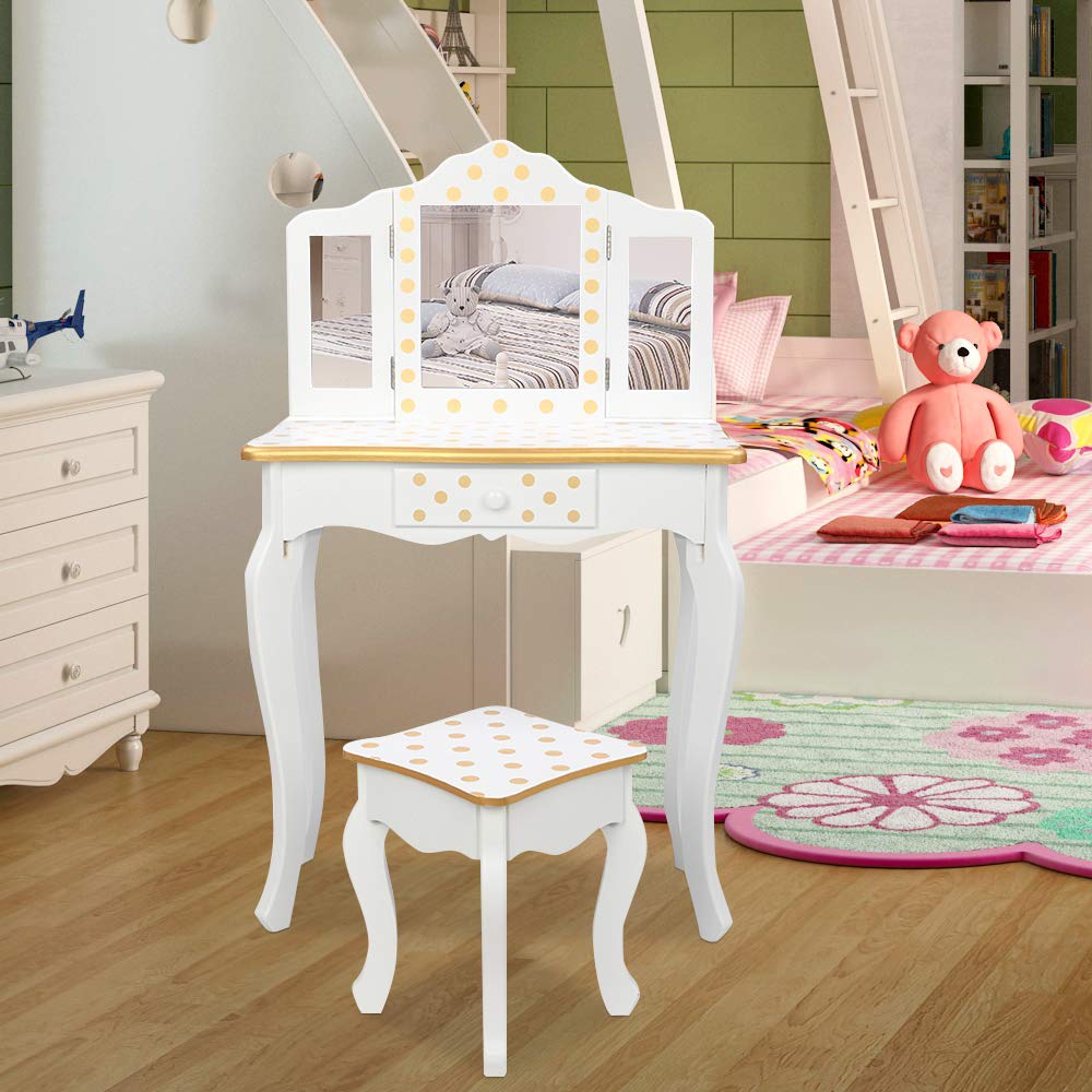 SSLine Kids Vanity Wooden Makeup Table and Chair Set for Girls Princess White/Gold Finish Dot Prints Child Vanity Desk Three-Fold Mirror Dresser with Drawer -Christmas Birthday Gift for Little Girls