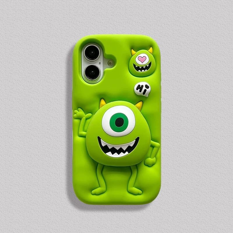 Soft Silicone Phone Case with Foldable Kickstand for Apple Mike Wazowski MU Monsters University Pixar Cartoon Anime Green Color Cool Fun Cute Lovely Adorable Kids Girls Boys (for iPhone 14)